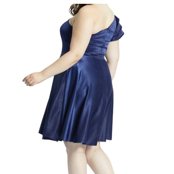 MAC DUGGAL ONE SHOULDER EMBELLISHED WAIST NAVY FIT & FLARE DRESS sz 22W - Picture 2 of 3